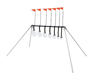 Portable training rig with a horizontal bar holding multiple hanging weight discs and orange pennant flags on top.