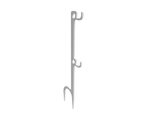 Tall vertical metal rod with three side hooks and a curved, pointed bottom.