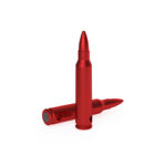 Two red lipstick tubes on a white background, one standing upright with its cap removed and another lying horizontally.