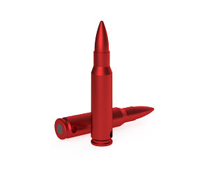 Two red bullets on a white background, one standing upright and the other lying on its side.