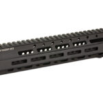 Black free-floating rifle handguard with multiple Picatinny rails along top and sides for accessory mounting.