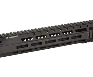 Black free-floating rifle handguard with multiple Picatinny rails along top and sides for accessory mounting.