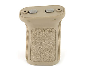 Beige vertical foregrip for a rifle with a textured panel and two top buttons.