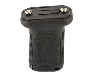 Camera battery grip attachment with a textured surface and metal contact terminals on top.