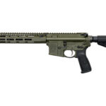 Olive-drab AR-style semi-automatic rifle with a long handguard, scope rails, and adjustable black stock.