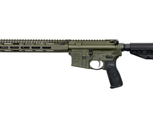 Olive-drab AR-style semi-automatic rifle with a long handguard, scope rails, and adjustable black stock.