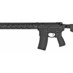 Black AR-style rifle with a long barrel, quad-rail fore-end, detachable magazine, and adjustable stock.