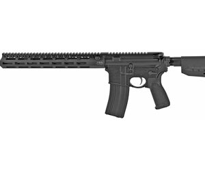 Black AR-style rifle with a long barrel, quad-rail fore-end, detachable magazine, and adjustable stock.
