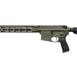 AR-style rifle with olive-drab handguard and upper receiver, quad-rail forearm, and adjustable black stock.