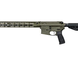 AR-style rifle with olive-drab handguard and upper receiver, quad-rail forearm, and adjustable black stock.