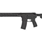 Black AR-15 style semi-automatic rifle with quad-rail handguard and adjustable stock.