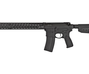 Black AR-15 style semi-automatic rifle with quad-rail handguard and adjustable stock.