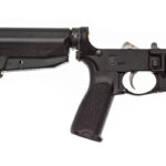 Side view of a black semi-automatic rifle with an adjustable stock and pistol grip.