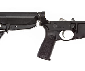 Side view of a black semi-automatic rifle with an adjustable stock and pistol grip.