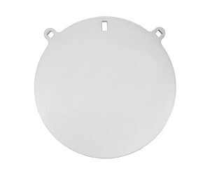 Round metal cover plate with two small mounting tabs and a central notch, used to seal an opening