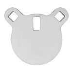 Metal circular plate with two wing-like top extensions, each containing a square hole, and a central vertical rectangular slot.