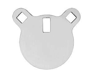 Metal circular plate with two wing-like top extensions, each containing a square hole, and a central vertical rectangular slot.