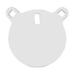 Round mounting plate with two ear-like flanges, each having a rectangular cutout; features a central vertical slot and two outer holes for attachment.