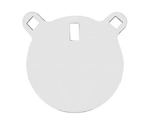 Round mounting plate with two ear-like flanges, each having a rectangular cutout; features a central vertical slot and two outer holes for attachment.