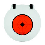 Circular shooting target with a red bullseye and black diamond in the center on a white backer, held by two clamps at the top (practice target).