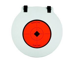 Circular shooting target with a red bullseye and black diamond in the center on a white backer, held by two clamps at the top (practice target).