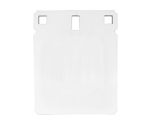 White square card-like item with three rectangular cutouts along the top edge.