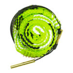 Coiled neon green and black braided jump rope with gold-colored handles, shown against a white background.