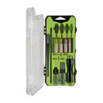 Open green-and-black tool kit with assorted drill bits, screwdriver bits, and a handle in a clear lid case.