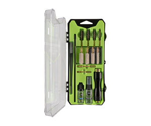 Open green-and-black tool kit with assorted drill bits, screwdriver bits, and a handle in a clear lid case.