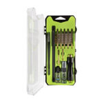 Open lime-green precision screwdriver set with multiple bits, a small driver, and accessories arranged in a plastic case.
