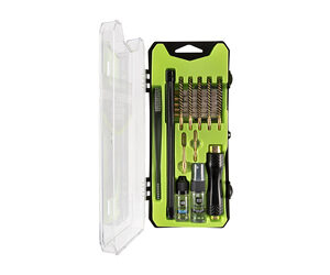 Open lime-green precision screwdriver set with multiple bits, a small driver, and accessories arranged in a plastic case.