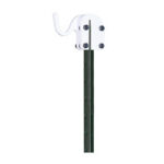 White metal mounting bracket with a curved hook attached to the top of a dark green wooden pole.