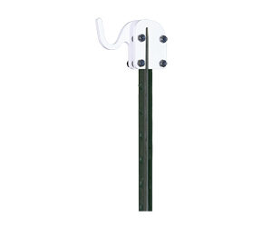 White metal mounting bracket with a curved hook attached to the top of a dark green wooden pole.