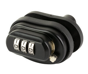 Black travel padlock with three rotating combination dials and a small key at the bottom.