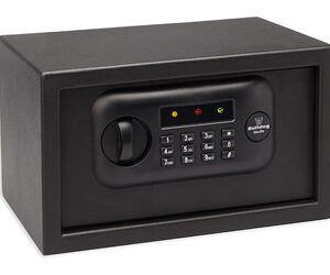 Black electronic safe with a numeric keypad lock and indicator lights for securing valuables