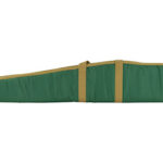 Long green padded gun or instrument case with tan straps and a zipper, laid flat.