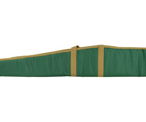 Long green padded gun or instrument case with tan straps and a zipper, laid flat.