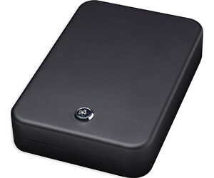 Small black rectangular safe with a round combination dial on the front.