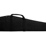 Long black firearm case with a carrying handle and shoulder strap, laid flat with a zipper at one end