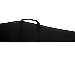 Long black firearm case with a carrying handle and shoulder strap, laid flat with a zipper at one end