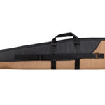 Long gun case in tan and black with handles and a strap for carrying a rifle or shotgun.