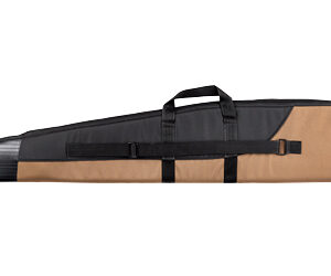 Long gun case in tan and black with handles and a strap for carrying a rifle or shotgun.