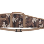 Camouflage-patterned rifle case with two carrying handles and an adjustable shoulder strap.