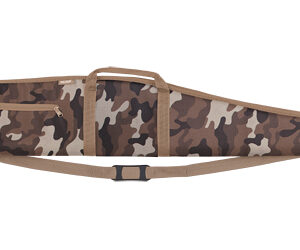 Camouflage-patterned rifle case with two carrying handles and an adjustable shoulder strap.