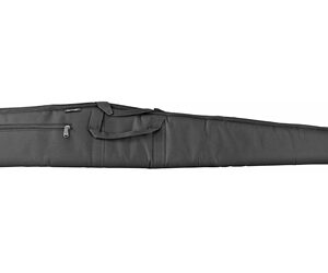 Long padded gun/rifle case with a zipper pocket and carrying handles on a white background.