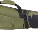 Olive green padded rifle case with multiple zippered pockets and carrying handles, for transporting a firearm.