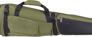 Olive green padded rifle case with multiple zippered pockets and carrying handles, for transporting a firearm.