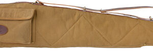 Tan fabric shotgun case with a shoulder strap, zipper along the top, and a small front pocket with a flap badge.