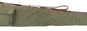 Green canvas shotgun case with brown leather ends, an adjustable strap, and a side pocket for accessories
