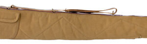 Long tan fabric rifle case with zipper and brown leather end caps laid flat